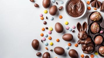 Easter chocolate bunny and colorful bright eggs on stone gray background, top view, copy space photo