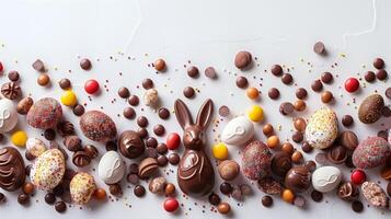Easter chocolate bunny and colorful bright eggs on stone gray background, top view, copy space photo