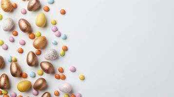 Easter composition - chocolate bunny, colored eggs and candies on white paper background, top view photo