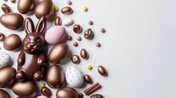 Easter composition - chocolate bunny, colored eggs and candies on white paper background, top view photo