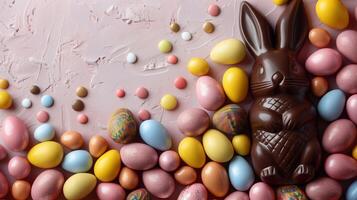 Easter composition - chocolate bunny, colored eggs and candies on pink stone background, top view photo