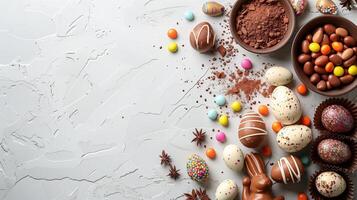 Easter chocolate bunny and colorful bright eggs on stone gray background, top view, copy space photo
