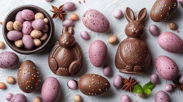 Easter chocolate bunny and pastel pink eggs on stone gray background, copy space photo