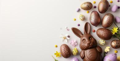 Easter composition - chocolate bunny, colored eggs and candies on white paper background, top view photo