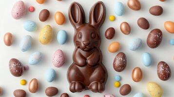 Easter composition - chocolate bunny, colored eggs and candies on white paper background, top view photo