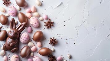 Easter chocolate bunny and colorful bright eggs on stone gray background, top view, copy space photo