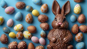 Easter composition - chocolate bunny, colored eggs and candies on blue paper background, top view photo