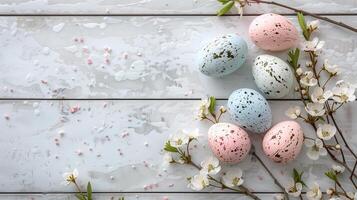 Easter pastel eggs with spring flowers on pastel wooden white background with copy space, top view photo