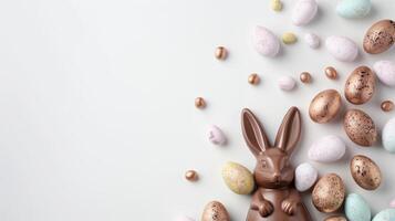 Easter composition - chocolate bunny, colored eggs and candies on white paper background, top view photo