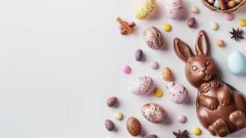 Easter composition - chocolate bunny, colored eggs and candies on white paper background, top view photo