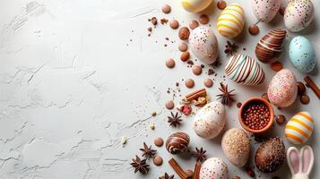 Easter chocolate bunny and colorful bright eggs on stone gray background, top view, copy space photo