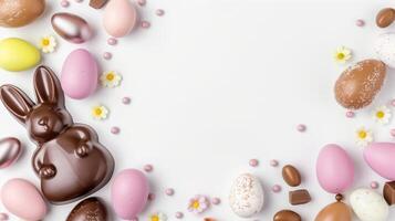 Easter composition - chocolate bunny, colored eggs and candies on white paper background, top view photo