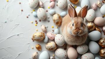 Funny easter bunny standing among easter eggs and candies with copy space on gray background photo
