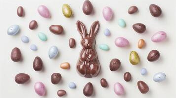 Easter composition - chocolate bunny, colored eggs and candies on white paper background, top view photo