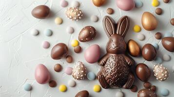 Easter chocolate bunny and colorful bright eggs on stone gray background, top view, copy space photo