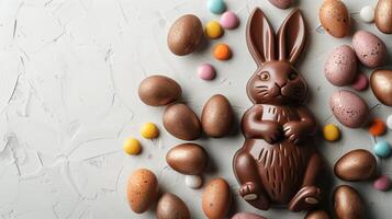 Easter chocolate bunny and colorful bright eggs on stone gray background, top view, copy space photo