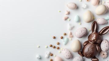 Easter composition - chocolate bunny, colored eggs and candies on white paper background, top view photo