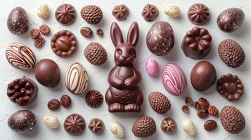Easter composition - chocolate bunny, colored eggs and candies on white paper background, top view photo