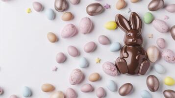 Easter composition - chocolate bunny, colored eggs and candies on white paper background, top view photo
