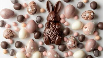 Easter composition - chocolate bunny, colored eggs and candies on white paper background, top view photo