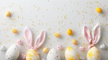 Easter flat lay composition. Bunny ears and Easter eggs on a white background top view photo
