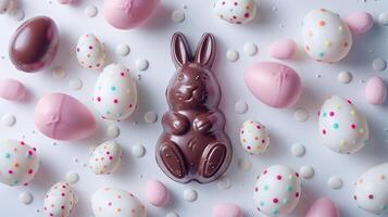 Easter composition - chocolate bunny, colored eggs and candies on white paper background, top view photo