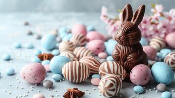 Easter chocolate bunny among eggs, candies and flower branches with copy space photo
