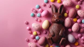 Easter composition - chocolate bunny, colored eggs and candies on pink paper background, top view photo