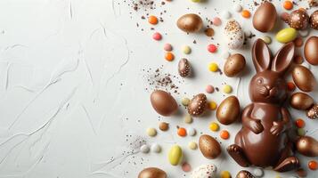 Easter chocolate bunny and colorful bright eggs on stone gray background, top view, copy space photo