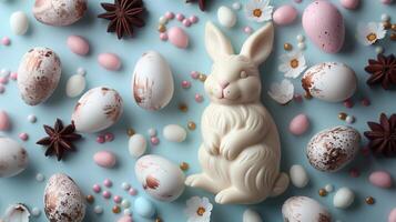 Easter composition - chocolate bunny, colored eggs and candies on blue paper background, top view photo
