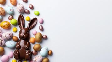 Easter composition - chocolate bunny, colored eggs and candies on white paper background, top view photo