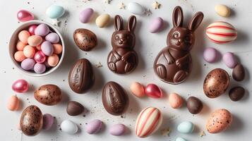 Easter composition - chocolate bunny, colored eggs and candies on white paper background, top view photo