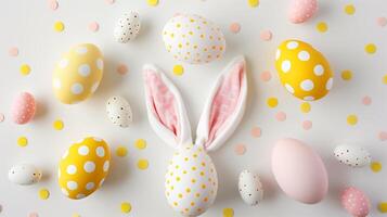 Easter flat lay composition. Bunny ears and Easter eggs on a white background top view photo
