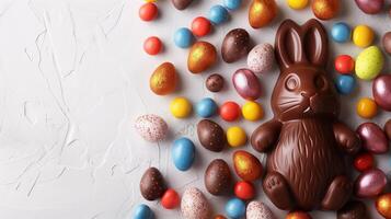 Easter chocolate bunny and colorful bright eggs on stone gray background, top view, copy space photo
