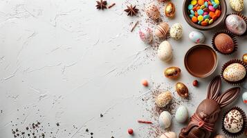 Easter chocolate bunny and colorful bright eggs on stone gray background, top view, copy space photo