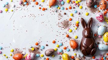 Easter chocolate bunny and colorful bright eggs on stone gray background, top view, copy space photo