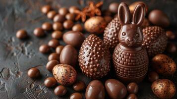 Easter chocolate bunny and eggs with spices on stone background, top view, copy space photo