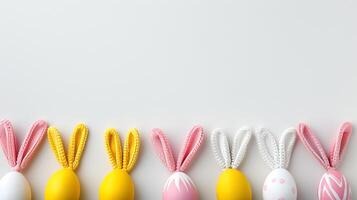 Easter flat lay composition. Bunny ears with Easter eggs on a white background top view photo