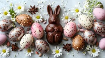 Easter chocolate bunny, spring flowers and colorful bright eggs on stone gray background, top view photo