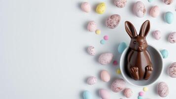 Easter composition - chocolate bunny, colored eggs and candies on white paper background, top view photo