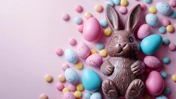 Easter composition - chocolate bunny, colored eggs and candies on pink paper background, top view photo