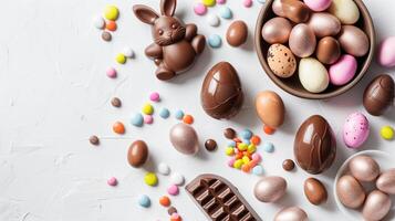 Easter chocolate bunny and colorful bright eggs on stone gray background, top view, copy space photo