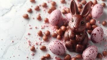 Easter chocolate bunny and colorful bright eggs on stone gray background, copy space photo