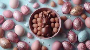 Easter composition - chocolate bunny, colored eggs and candies on blue paper background, top view photo