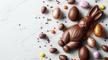 Easter chocolate bunny and colorful bright eggs on stone gray background, top view, copy space photo