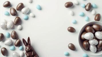 Easter composition - chocolate bunny, colored eggs and candies on white paper background, top view photo