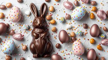 Easter chocolate bunny and colorful bright eggs on stone gray background, top view, copy space photo