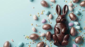 Easter composition - chocolate bunny, colored eggs and candies on blue paper background, top view photo