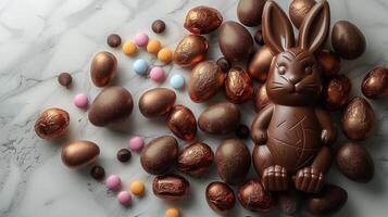 Easter chocolate bunny and colorful bright eggs on stone gray background, top view, copy space photo