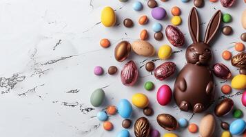 Easter chocolate bunny and colorful bright eggs on stone gray background, top view, copy space photo